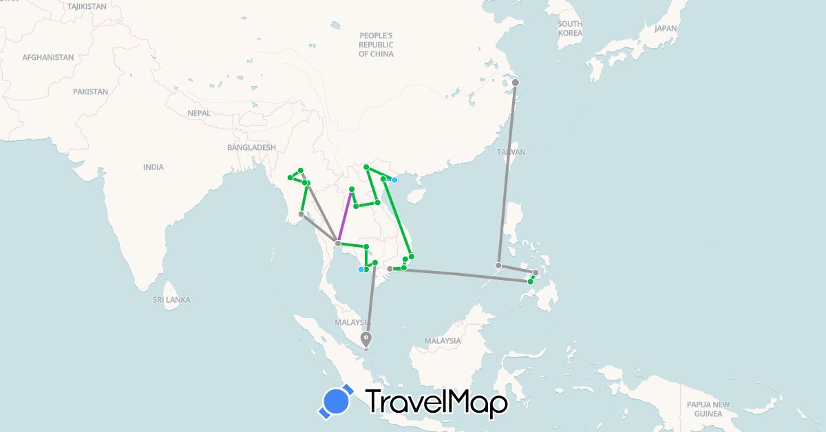 TravelMap itinerary: bus, plane, train, boat in China, Cambodia, Laos, Myanmar (Burma), Philippines, Singapore, Thailand, Vietnam (Asia)